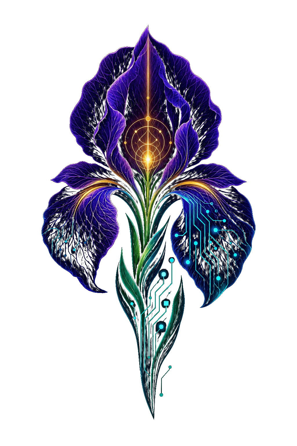 A Black Iris whose petals carry glowing circuit traces, its leaves rising as conductive pathways around a gold core light.